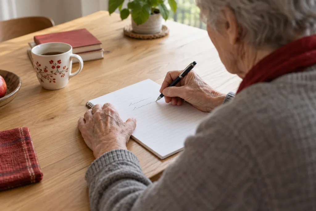 Una persona anziana scrive su un foglio a righe