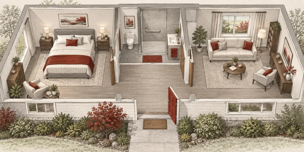 Illustrazione concettuale degli ambienti di una casa vista in sezione