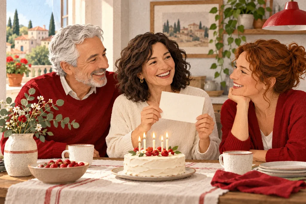 Immagine illustrativa di tre amici che festeggiano un compleanno con una torta e un invito