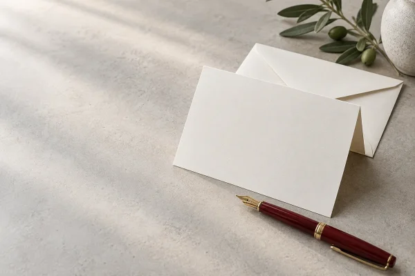 Biglietto e penna per preparare una dedica personale