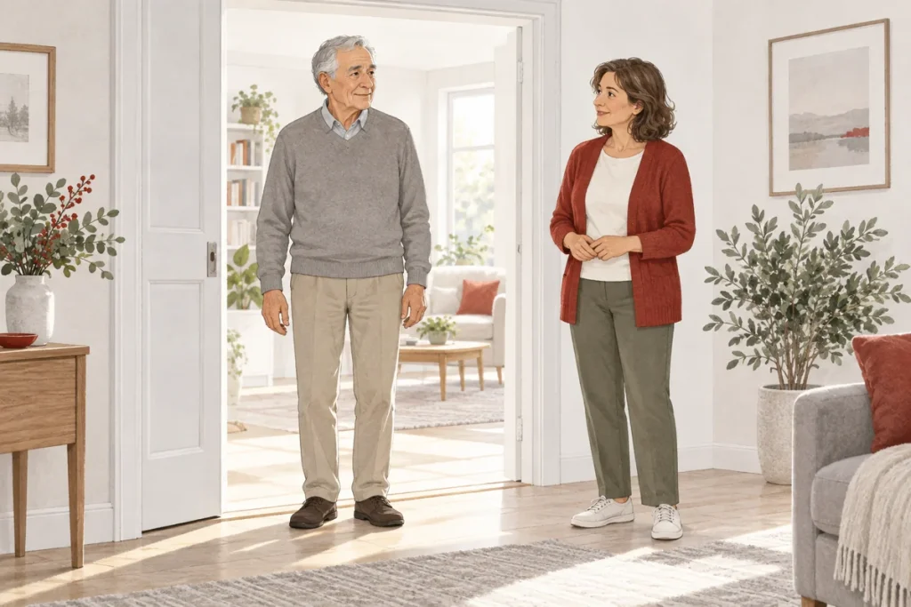 Illustrazione di una persona anziana e una familiare vicino a una porta di casa