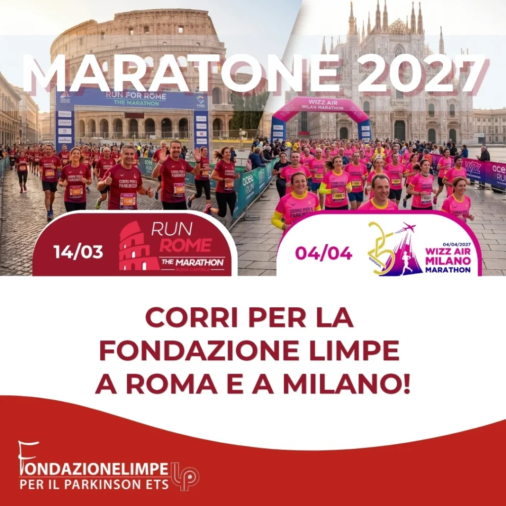 Locandina Fondazione LIMPE: maratone di Roma il 14 marzo e Milano il 4 aprile 2027 per il Parkinson