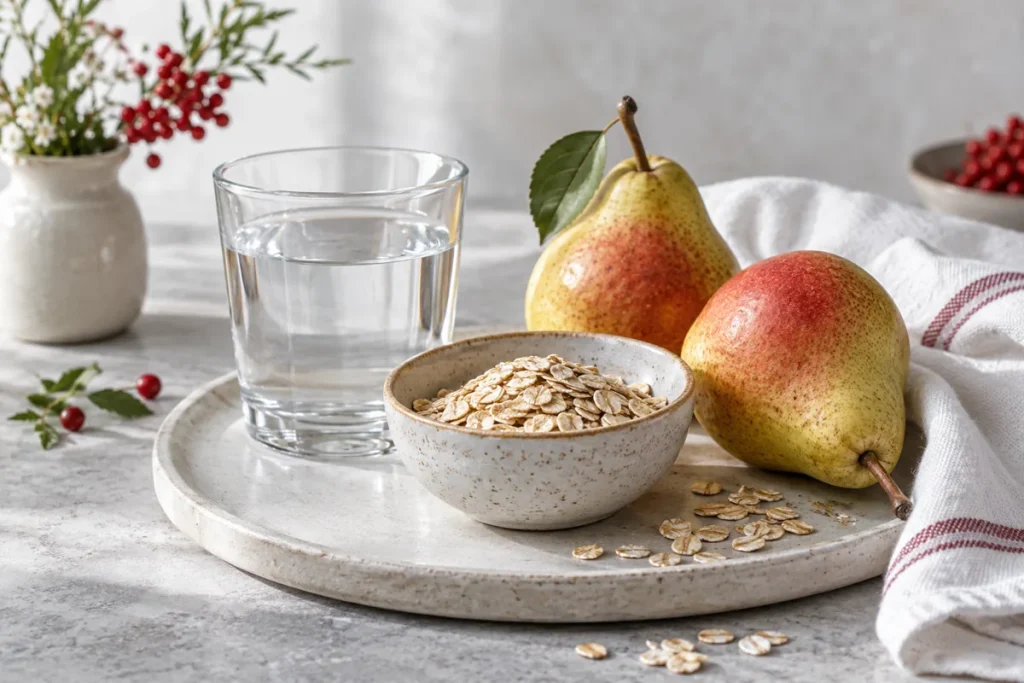 Acqua, pere e fiocchi d’avena su un tavolo