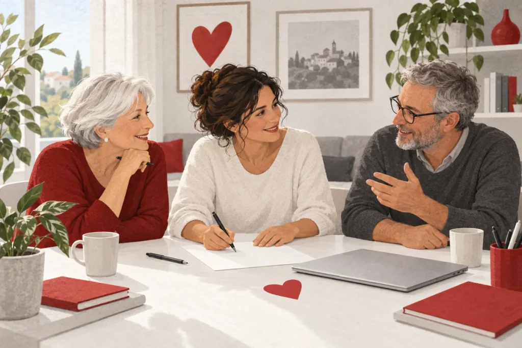 Illustrazione di un gruppo di amici che prepara un’iniziativa solidale
