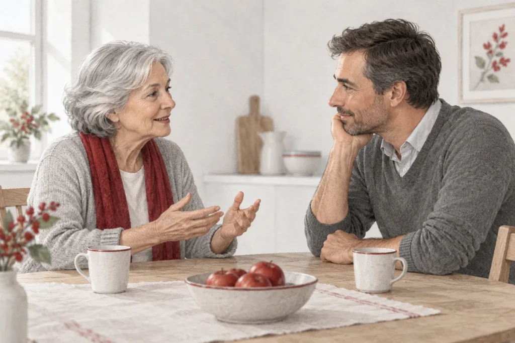 Illustrazione di due persone che conversano sedute una di fronte all’altra